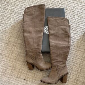 Vince Camuto Taupe Suede Over-The-Knee Block Heel Boots